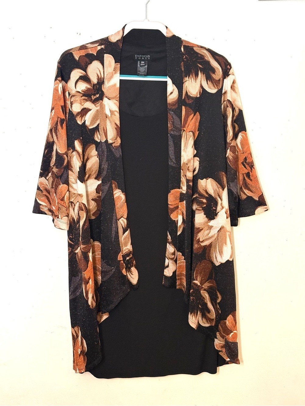 Enfocus Studio Black Dress with Floral Open-Front Kimono Overlay. Size 18W. EUC.